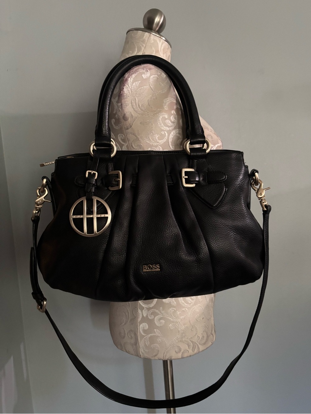 Hugo Boss Black Leather Shoulder Bag with Gold Hardware
